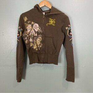 Ed Hardy Zip Up Green Hoodie Y2K Graphic Dragon Small‎ Cropped Bird